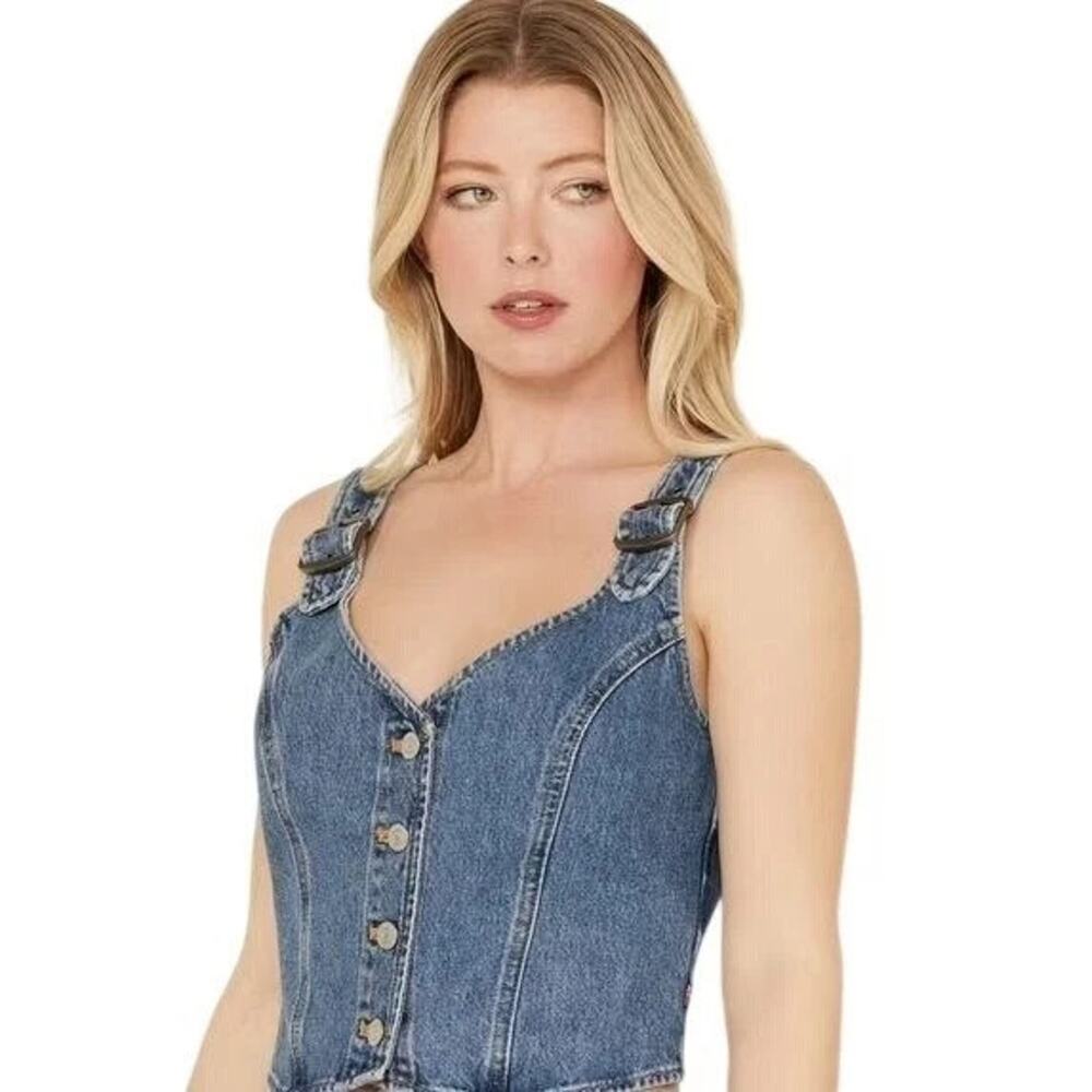 Levi's Denim Crop Top Corset Vest Y2K Jean Charlie Tank Button Up Size Small - Picture 2 of 9